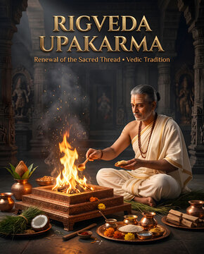 Rigveda upakarma ritual celebration with vedic priest performing sacred fire ceremony