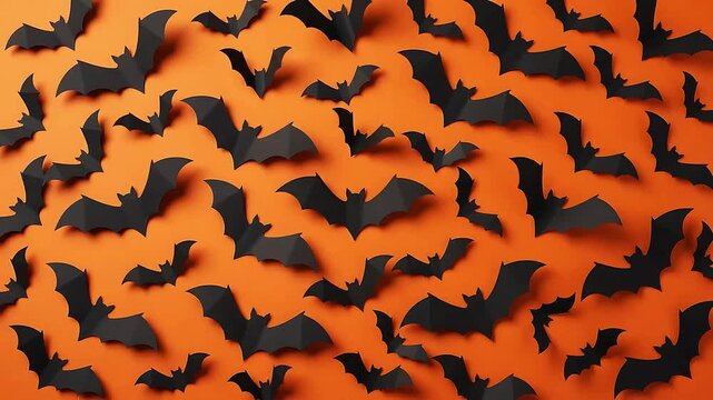 Many black paper bats flying across orange background for Halloween celebration spooky motion footage