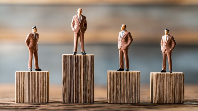 Four businessmen stand on wooden blocks of varying heights.