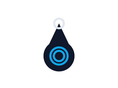 Minimalist digital icon featuring a dark teardrop shape with glowing blue circles