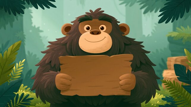 Happy primate holds a blank wooden sign in a lush forest setting.