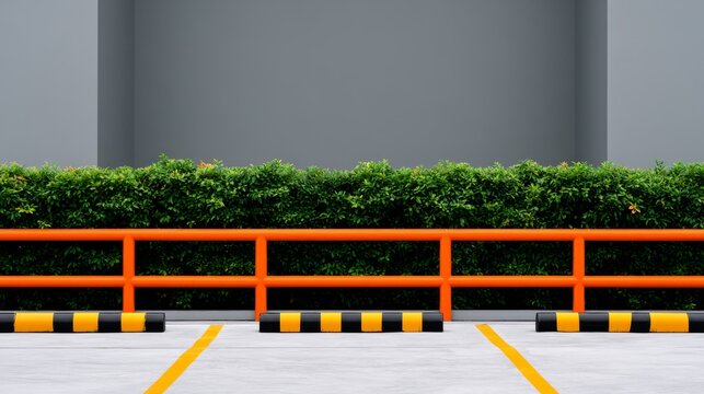 Modern Industrial Parking Space with Safety Features and Green Buffer Zone, Ideal for Urban Development and Real Estate Marketing in Contemporary Settings