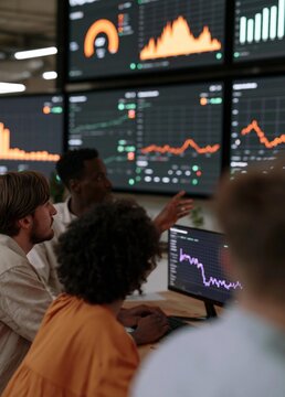 Group of three people sitting at a desk in front of multiple computer monitors. the monitors display various graphs and charts in different colors and sizes.