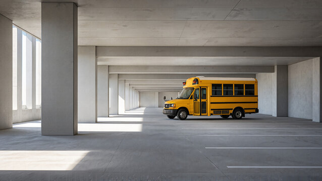 Yellow school bus parked in spacious concrete garage with bright natural light coming through windows. School bus stands alone in open area showing modern architecture.
