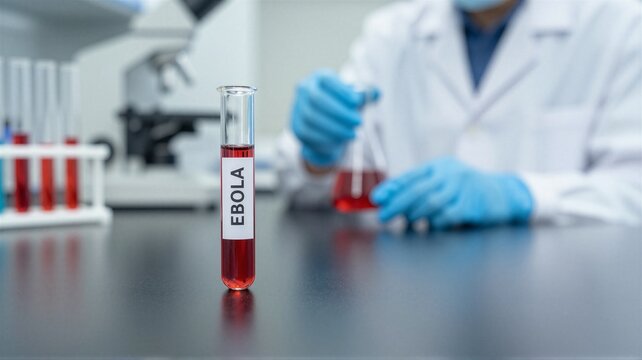 Labeled blood sample in test tube on laboratory bench with scientist in background