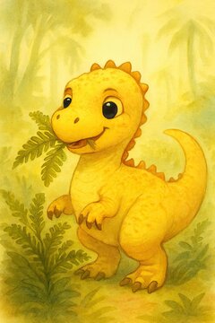 Cute yellow baby dinosaur munching green fern leaves in sunny prehistoric forest