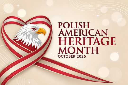 Polish american heritage month celebration banner with eagle and heart ribbon