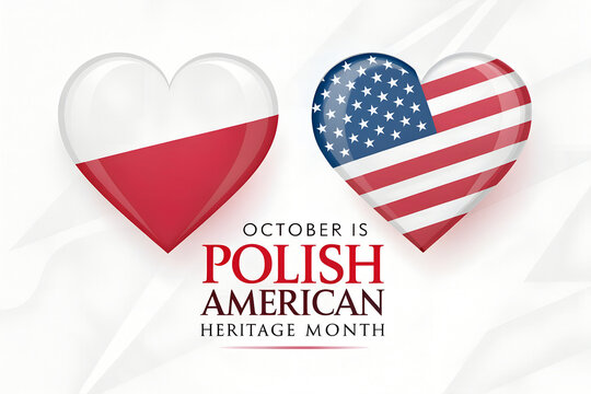 Polish american heritage month heart emblems featuring national flags in october