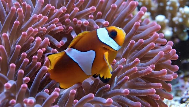 Clownfish swimming among pink sea anemone tentacles.