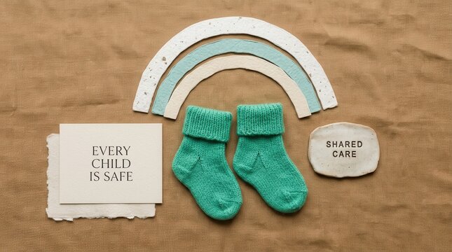Artisanal flat lay featuring green knit baby socks and paper rainbow on brown fabric background with cards stating every child is safe and shared care representing protection and nurturing support etc