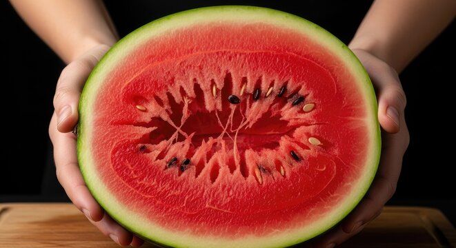 Hands holding a vibrant, freshly cut watermelon half, showcasing its juicy red flesh and texture.
