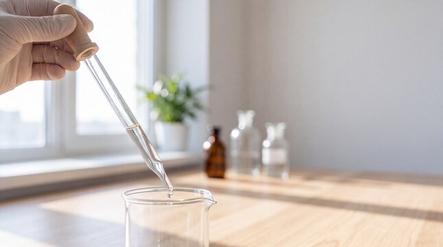 Hand using laboratory pipette to transfer clear liquid in bright modern lab setting