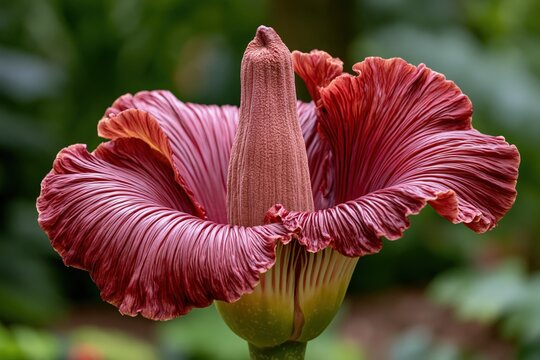 Titan arum corpse flower blooming with large purple petals and spadix