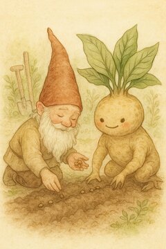 Whimsical fairytale art showing garden gnome and leafy mandrake planting