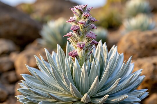 Haleakala silversword plant blooming with unique volcanic mountain view
