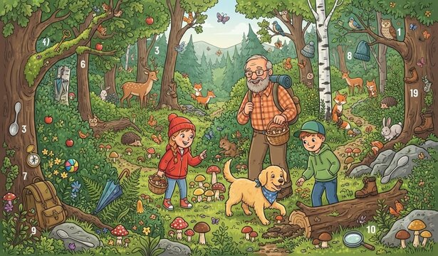 Forest Hidden Objects Puzzle Vector with Grandfather Children Dog and Mushroom Hunt