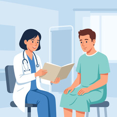 Obraz premium Doctor consulting a patient, examining medical records in a clinic examination room setting.