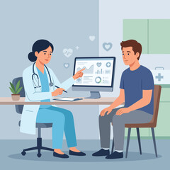 Obraz premium Doctor Consulting Patient at Desk with Medical Chart on Computer Screen