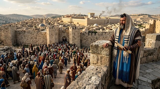 Ancient Jewish priest holding a scroll looks over a crowd entering the old city walls at midday.
