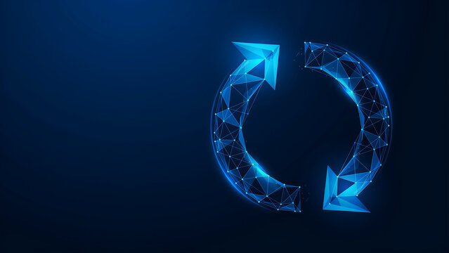 Glowing refresh icon conceptualizing data synchronization with technology wireframe abstract connection geometric internet computing