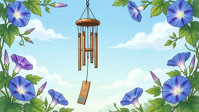 Wooden wind chimes hanging against blue sky and morning glory flowers.