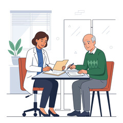 Fototapeta premium Doctor consulting with elderly patient, discussing medical documents and treatment plan in a modern clinic office.