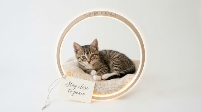Small tabby kitten resting comfortably on a soft knitted cushion inside a circular glowing led ring lamp with a decorative card tag. Perfect for animal welfare or peaceful home interior