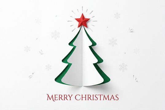 Paper craft Christmas tree with red star on white background