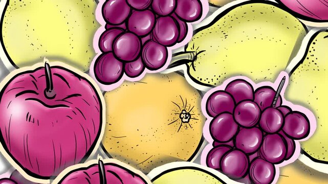 Animated fresh fruit stickers pattern with seamless moving in and out motion loop, featuring colorful grapes, apples, pears, and oranges