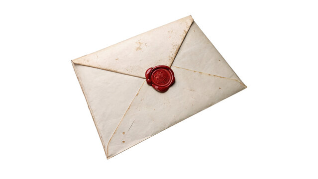 Vintage retro paper letter envelope sealed with red wax isolated on transparent background