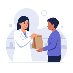 Obraz premium Pharmacist handing over medicine bag to customer, healthcare, pharmacy, medical service, patient care, consultation