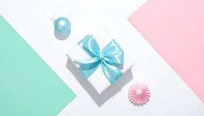 Obraz premium Minimalist Gift Box with Blue Ribbon and Decorations on Pastel Background.