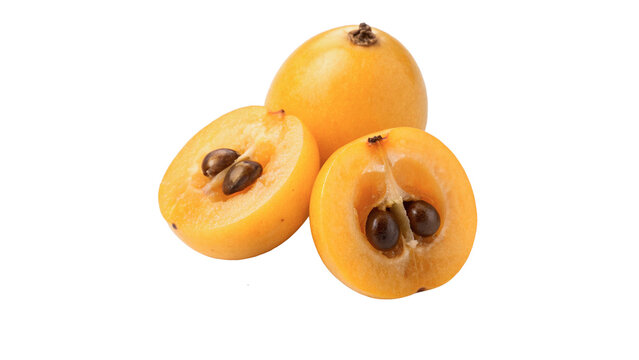 Two sliced ripe yellow loquat fruits showing brown seeds isolated on transparent background