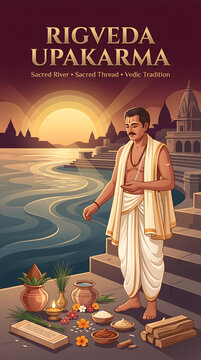 Rigveda upakarma celebration with brahmin performing vedic rituals by sacred river