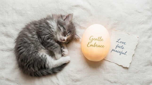 Adorable grey fluffy kitten sleeping peacefully on a soft linen surface next to a warm glowing egg lamp and a handwritten note, capturing a serene moment of comfort and tranquility for cute pets arts.