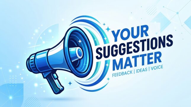 Illustrated megaphone amplifying community feedback ideas voice with glowing blue megaphone graphic against light tech inspired background voice bold text overlay