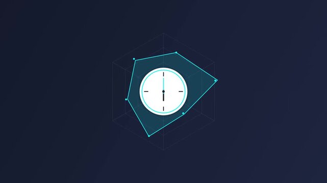 Digital geometric clock animation inside blue polygon frame
