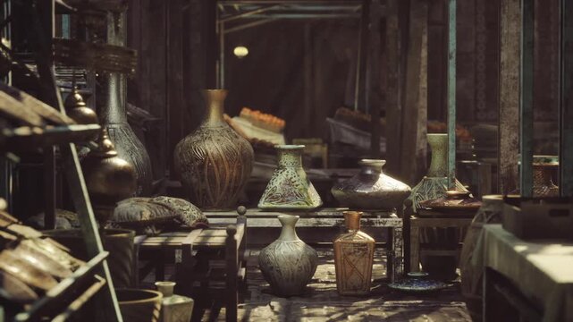 narrow industrial aisle lined with stacked ceramics and urns, metal shelving, scattered dust motes, deep perspective showing endless rows of vessels and raw