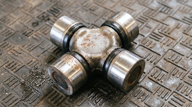 Used driveshaft universal joint cross on a textured workshop mat