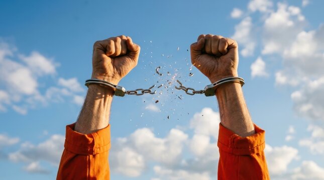 Powerful hands breaking metal handcuffs against a clear blue sky background symbolizing freedom, liberty, and the triumphant escape from captivity or oppression for human rights concepts in this life.