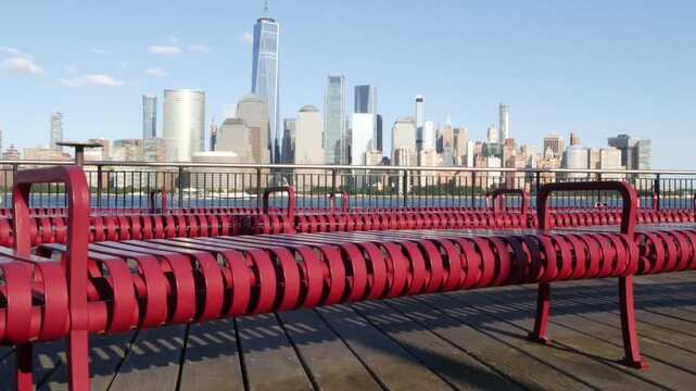 New York City Manhattan downtown financial district skyline, New Jersey Exchange Place, United States. Urban cityscape with skyscraper buildings, World Trade Center. J Owen Grundy park, Paulus Hook.