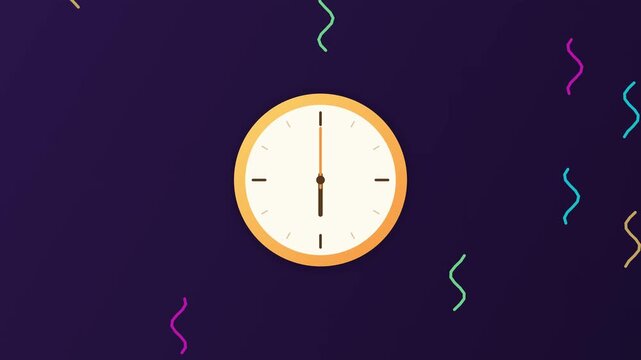 Yellow clock with colorful falling confetti on purple background