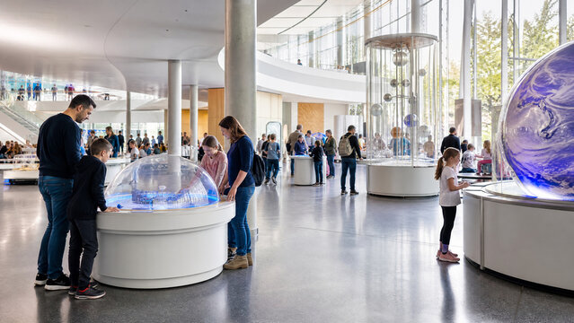 Diverse families explore interactive digital globe exhibit at modern science museum