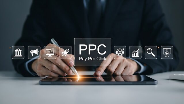 Businessman Using Digital Tablet with Pay Per Click PPC Marketing Icons for Internet Advertising