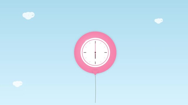 Pink balloon with a clock face floating through a blue sky