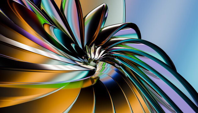Abstract 3d rendering of colorful metallic ribbons twisting