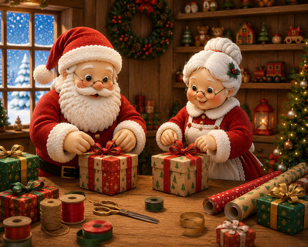 Papai e Mam&atilde;e Noel fazendo presentes de Natal