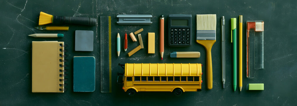 education and getting ready for school. supplies and bus without a classroom blackboard. perspective, flat shot