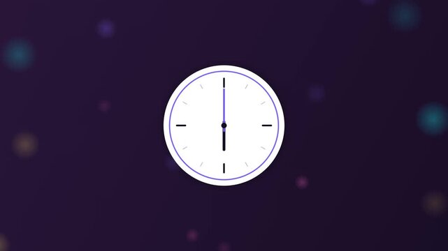 Minimalist analog clock ticking on dark purple background with bokeh