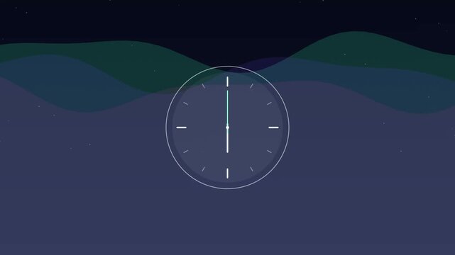 Fast spinning minimalist clock hands over dark blue wavy background